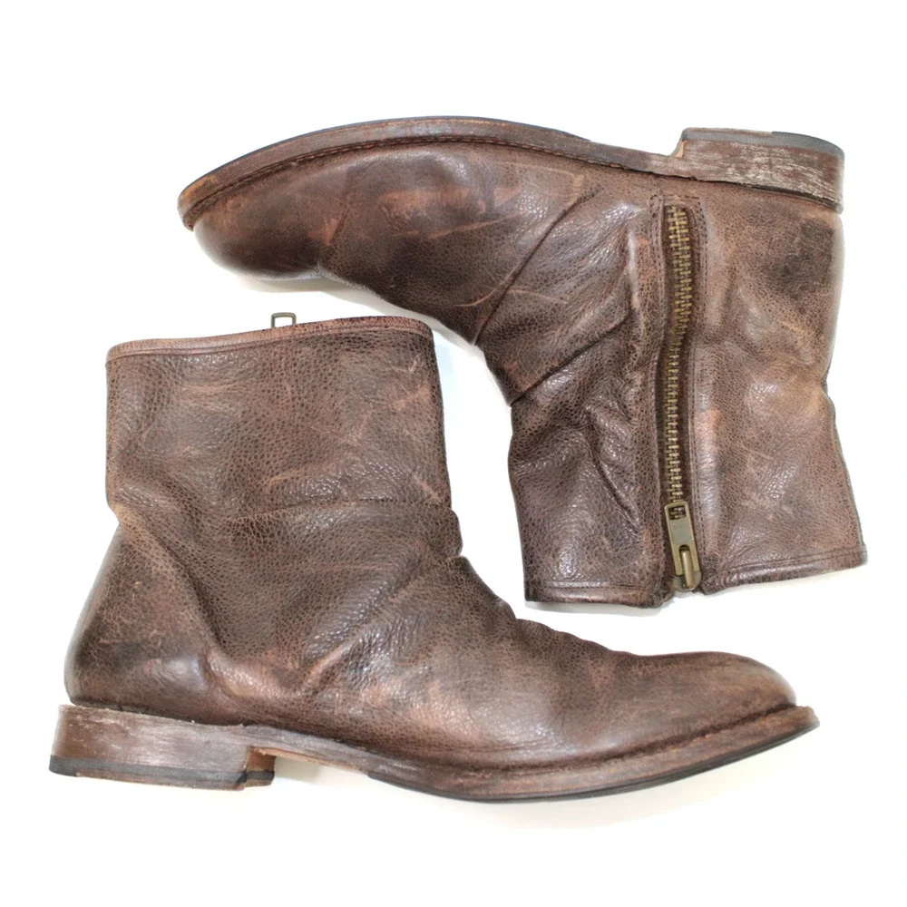 John Fluevog Size W 11/M 9 MALCOLM Brown Distressed Leather Zip Ankle Boots Moto
